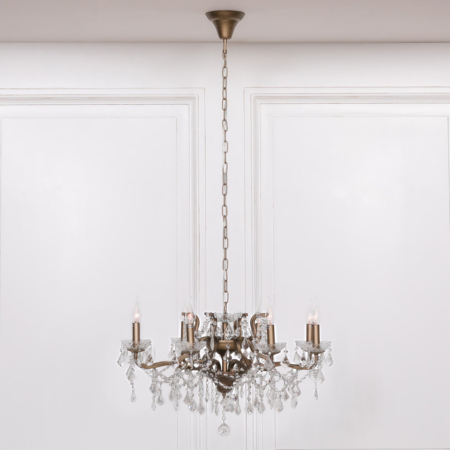 Antique Gold 8 Branch Shallow Cut Glass Chandelier