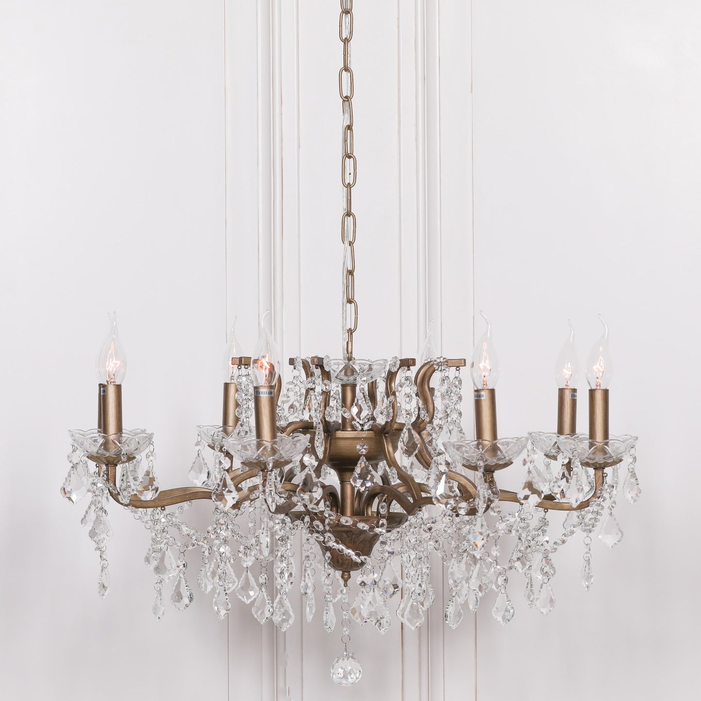 Antique Gold 8 Branch Shallow Cut Glass Chandelier