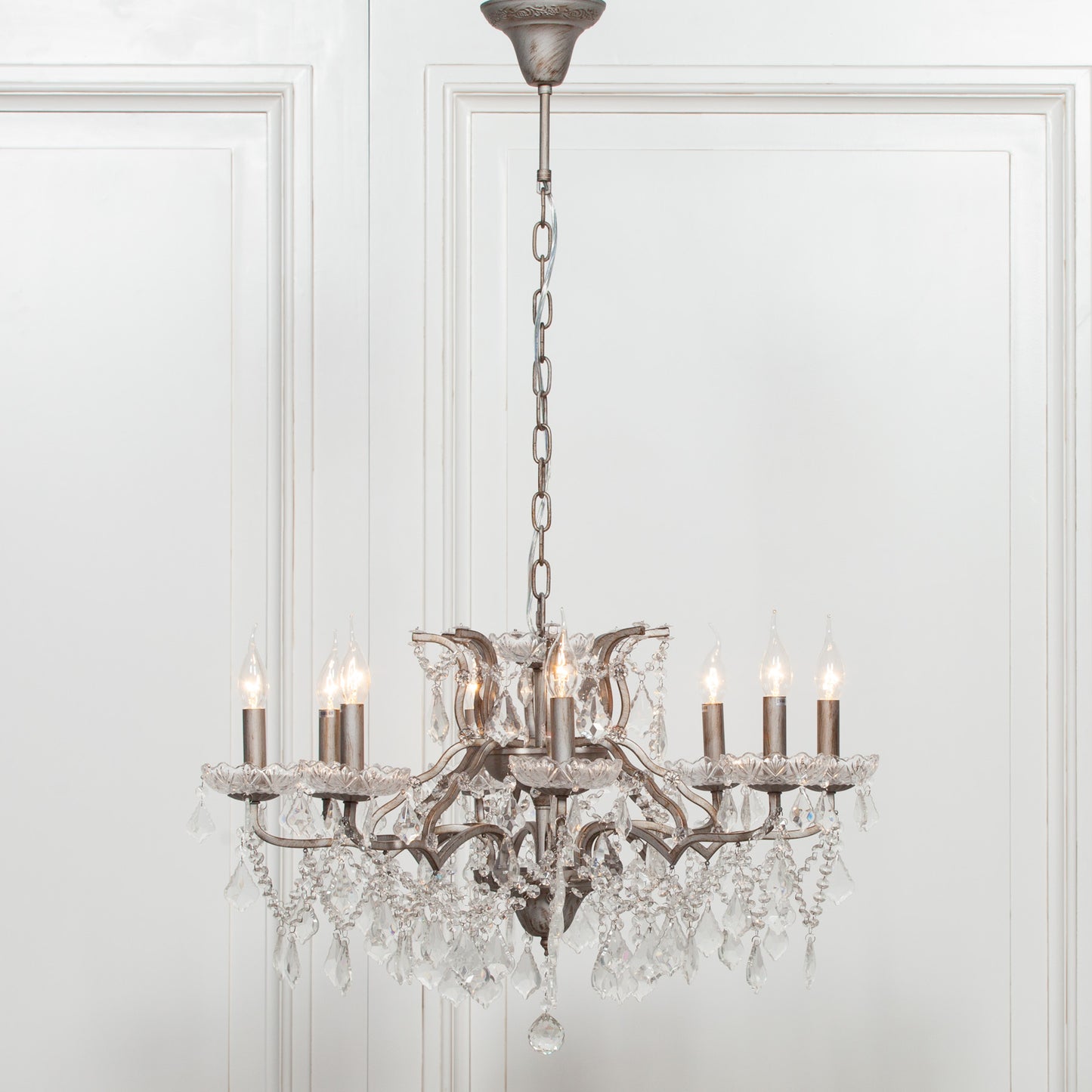 Antique Silver 8 Branch Shallow Cut Glass Chandelier