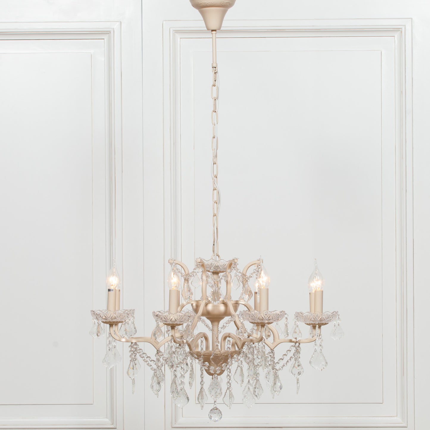 Antique Cream 8 Branch Shallow Cut Glass Chandelier
