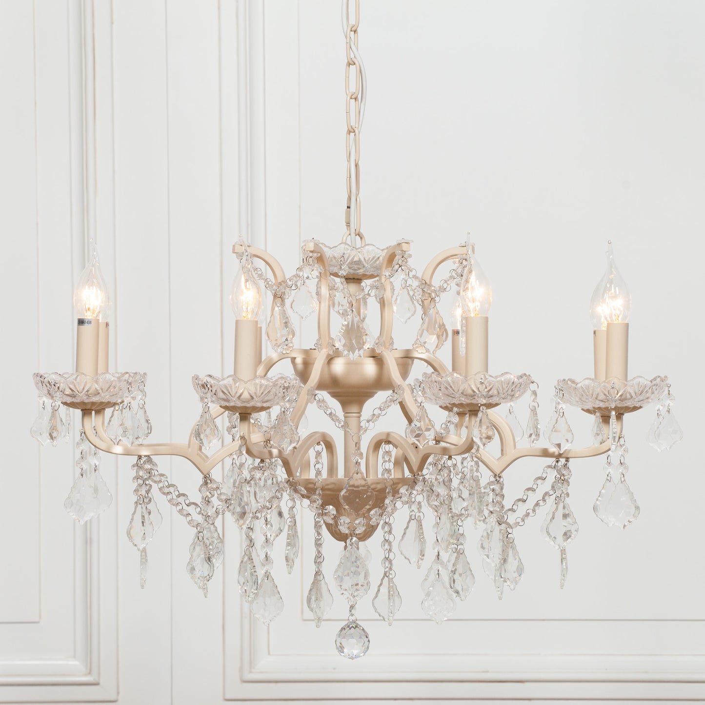 Antique Cream 8 Branch Shallow Cut Glass Chandelier