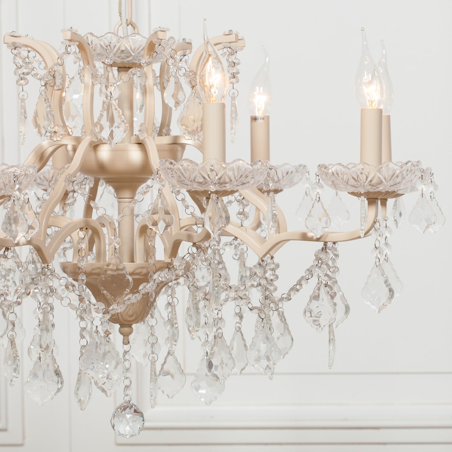 Antique Cream 8 Branch Shallow Cut Glass Chandelier
