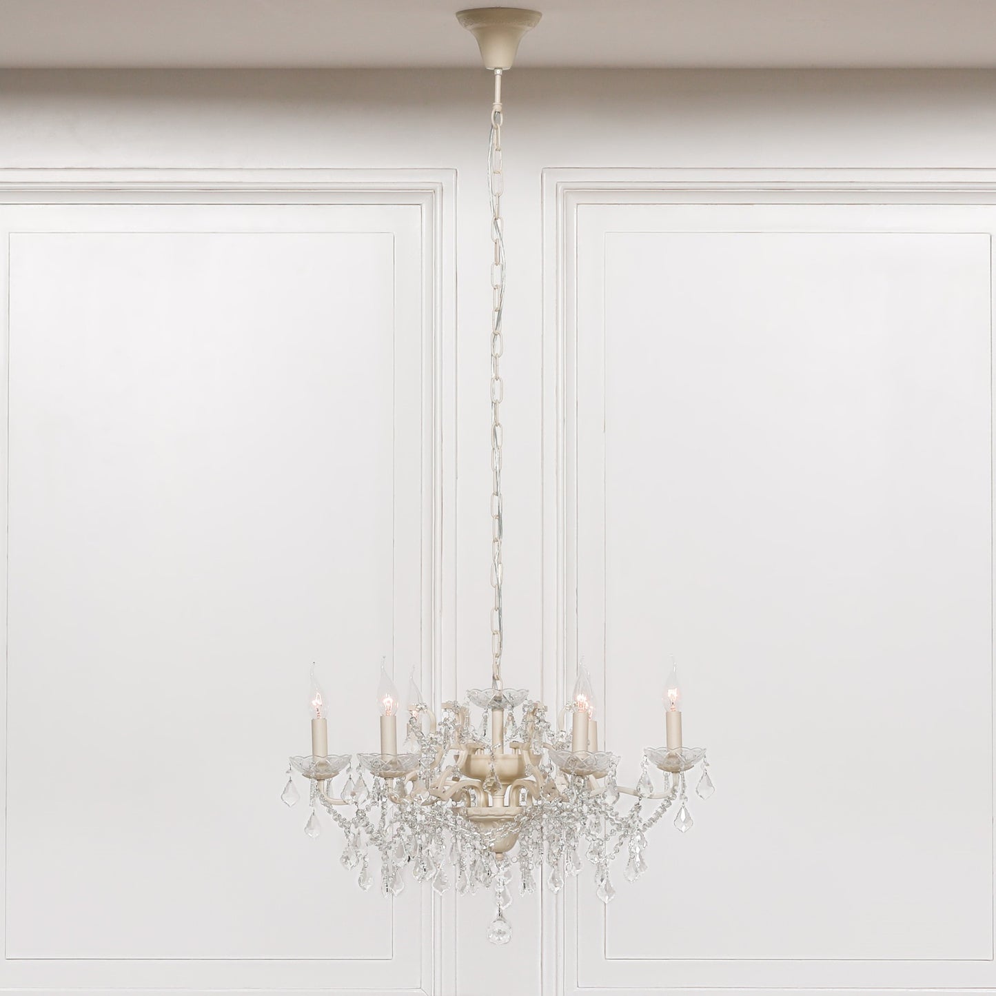 Antique Cream 6 Branch Shallow Cut Glass Chandelier