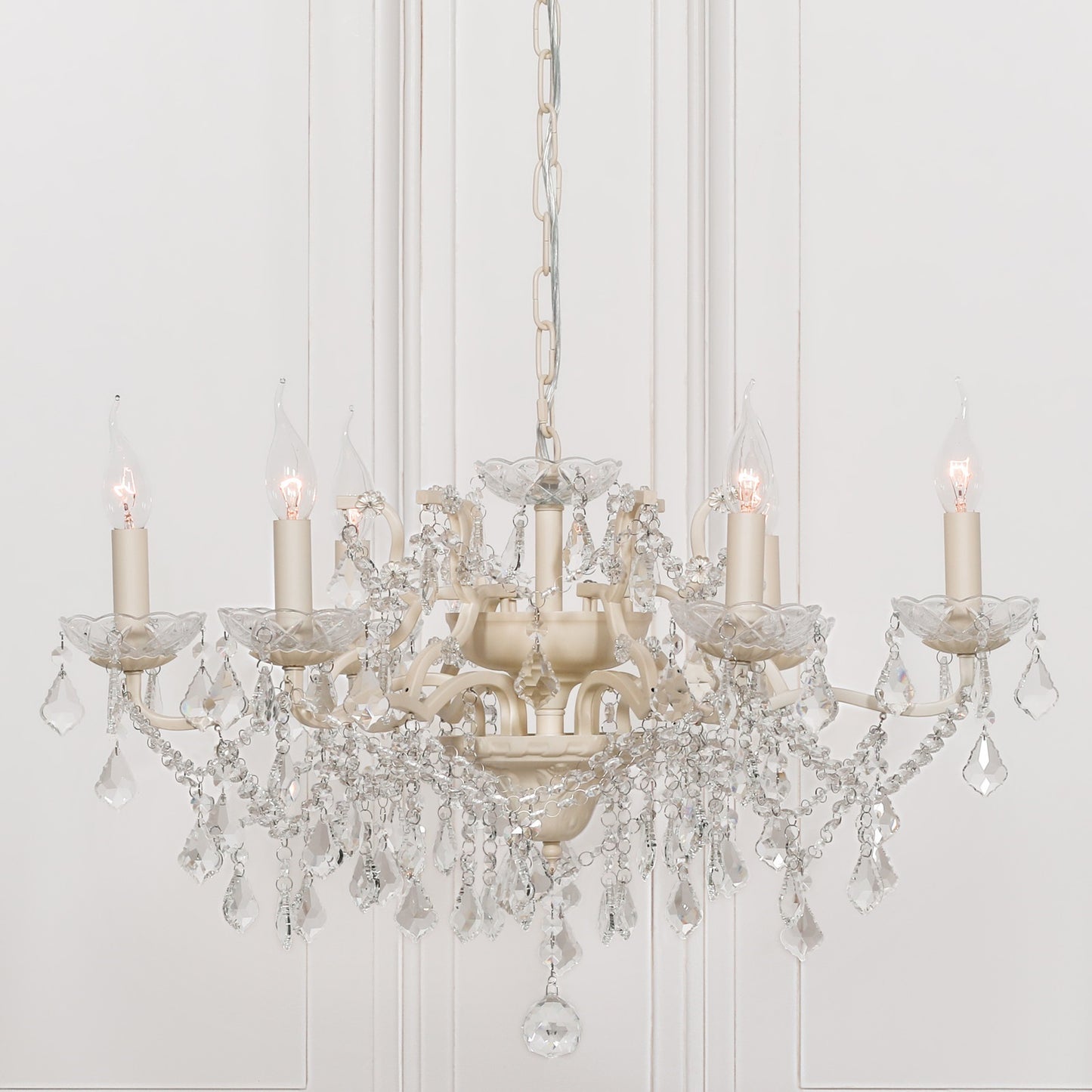Antique Cream 6 Branch Shallow Cut Glass Chandelier
