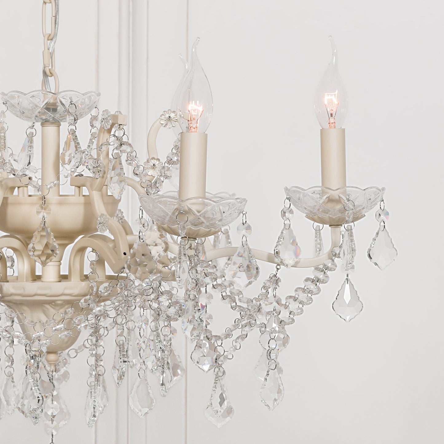 Antique Cream 6 Branch Shallow Cut Glass Chandelier