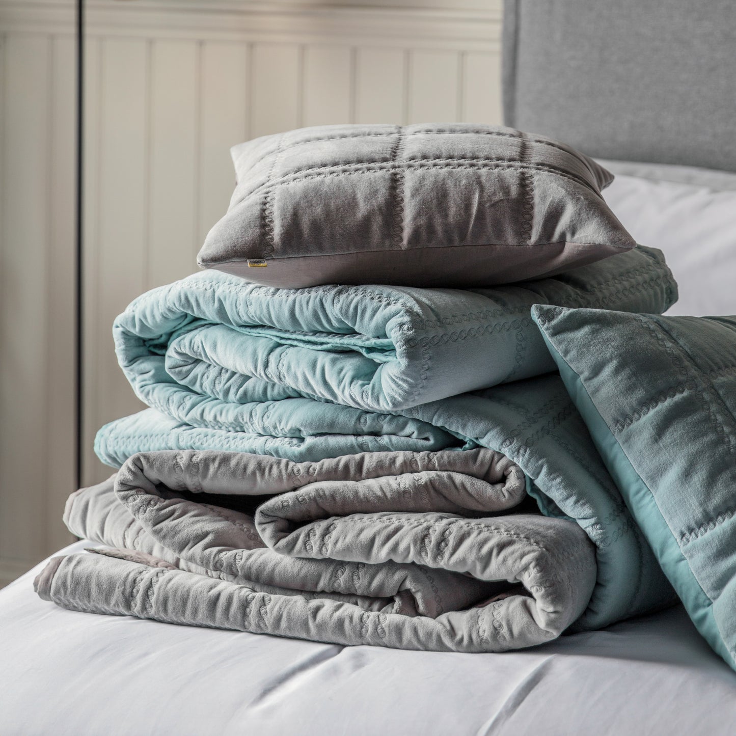 Quilted Cotton Bedspread Duck Egg