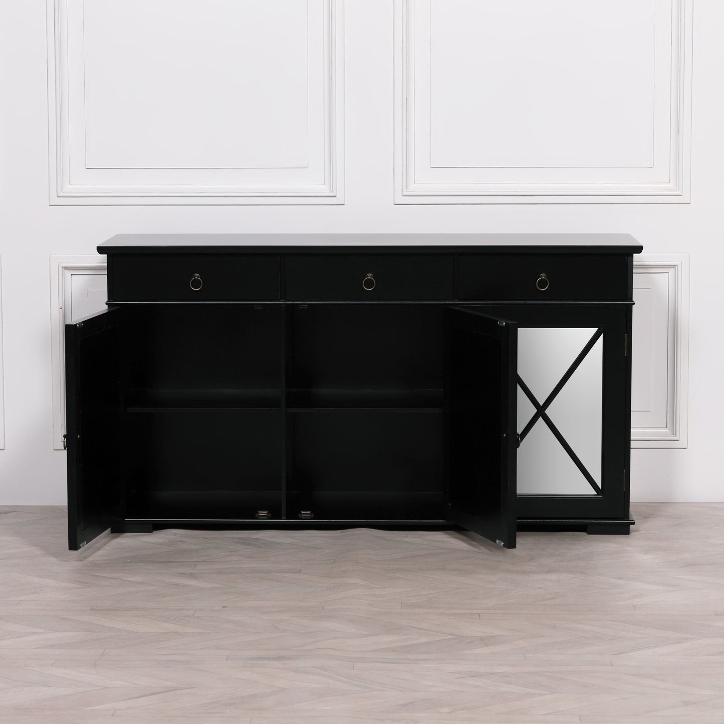 Black Oriental Sideboard With Mirrored Doors
