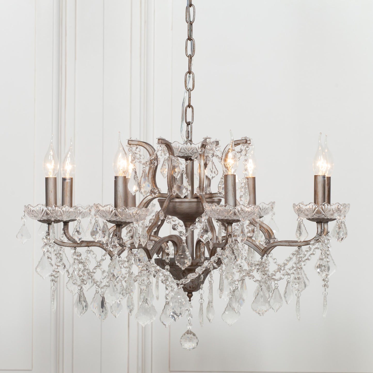 Antique Silver 8 Branch Shallow Cut Glass Chandelier