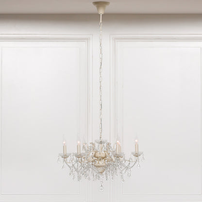 Antique Cream 6 Branch Shallow Cut Glass Chandelier