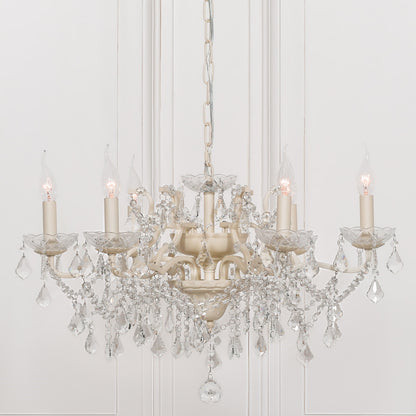 Antique Cream 6 Branch Shallow Cut Glass Chandelier