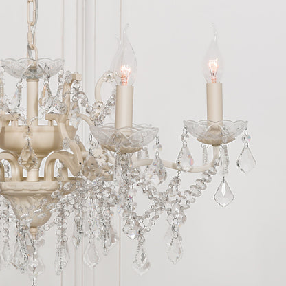 Antique Cream 6 Branch Shallow Cut Glass Chandelier